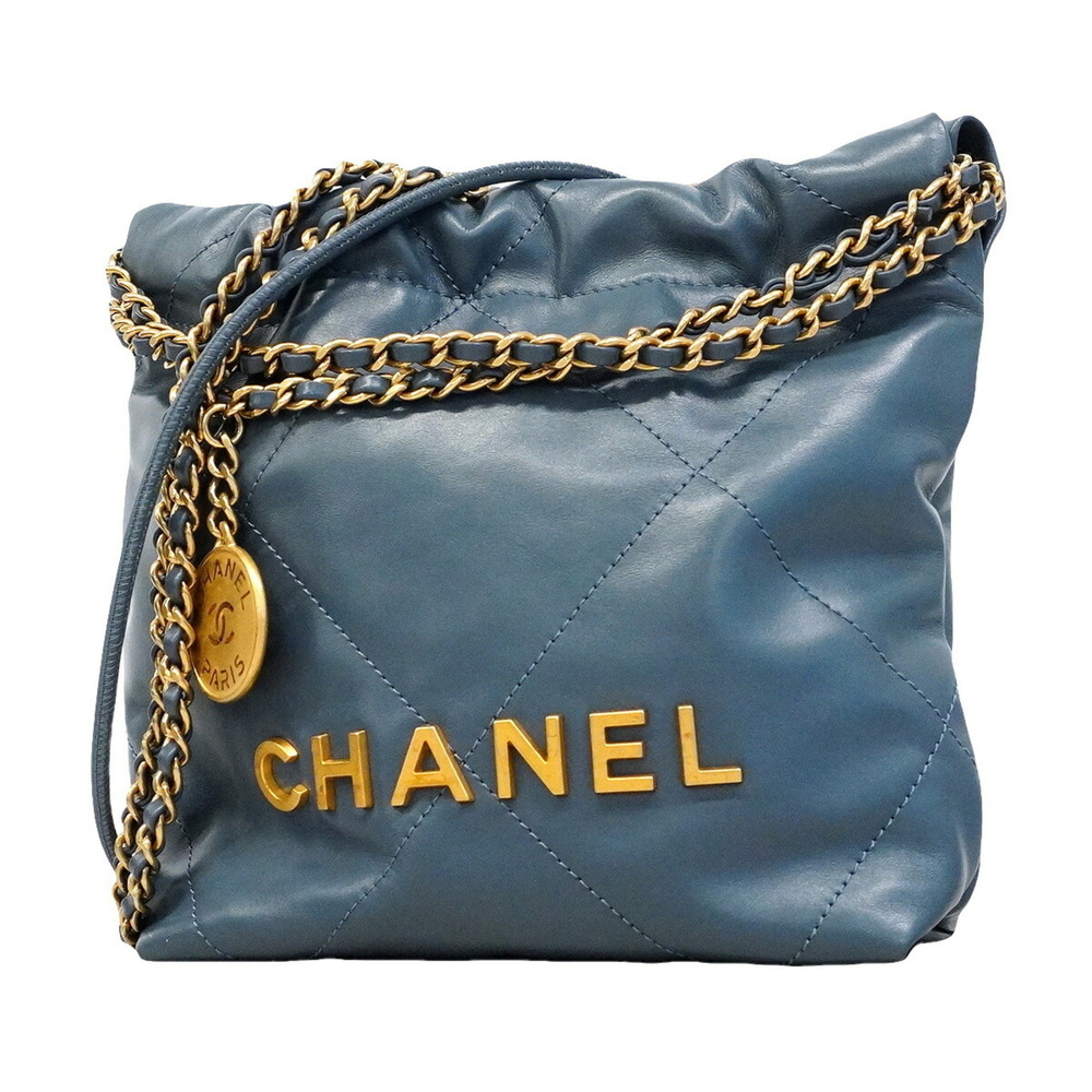Chanel Shoulder Bag, Chain 22 Mini, Calfskin, Blue, Women's